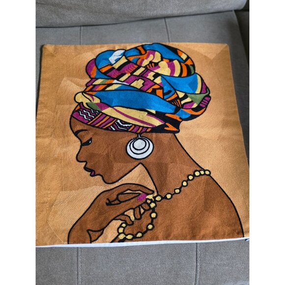 Handmade Embroidered Pillow Cover – African Woman in Colorful Headwrap, Boho Afr - Picture 7 of 7